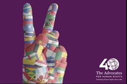 [ai] A hand making a peace sign, covered in small flags from various countries against a purple background. The logo for The Advocates for Human Rights is displayed in the bottom right corner.